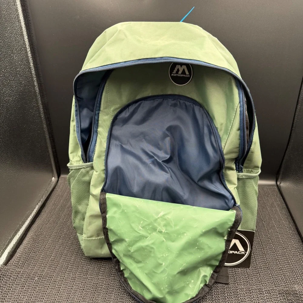 Metropack Backpack Sage Green Navy Blue School Travel Bag Bungee Front New Tag